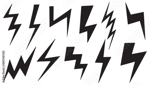 Collection of dynamic black lightning bolt symbols. Electric energy black silhouettes, power concept. Vector isolated dynamic sports logo set. Flash symbol, thunderbolt, blitz lightnings strike sign. 