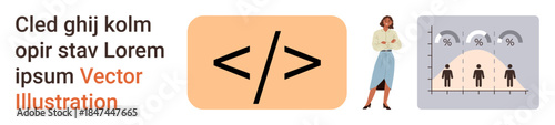 Web development, data analytics, business management, information design, education, statistical insights. Features coding symbol, woman standing and graph with human figures. Web development