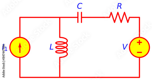 Editable RLC electrical circuit diagram with resistor, capacitor and inductor including independent current and voltage sources, illustrating transient and AC circuit analysis for engineering