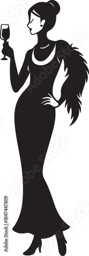 Elegant woman in a long gown with a fur detail holding a glass of wine at a glamorous event