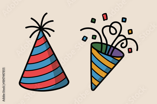 Party hat and popper illustration for celebration.