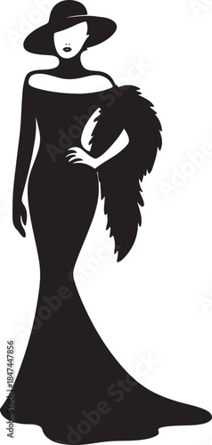 Elegant woman in a long evening gown with a hat and feather boa, silhouette style