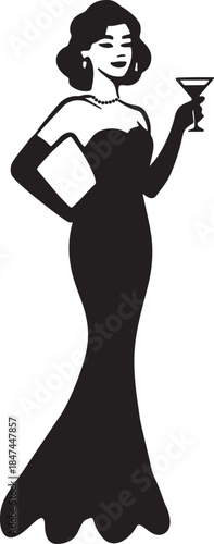 A sophisticated woman in a glamorous evening gown enjoys a cocktail in a classic silhouette