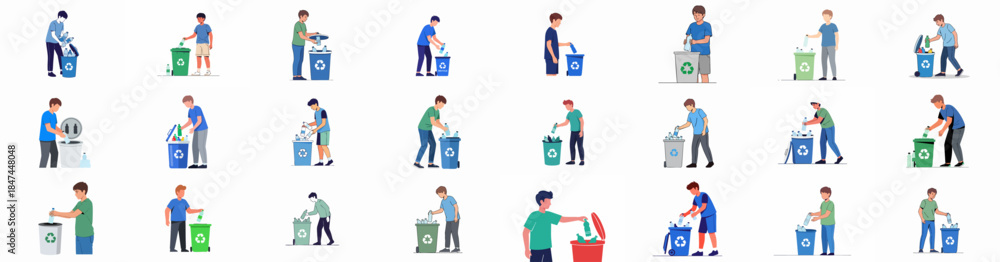Obraz premium Young Men Recycling Plastic Bottles: Set of Flat Vector Illustrations Promoting Environmental Responsibility and Waste Sorting into Designated Bins.