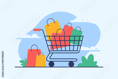 Shopping cart filled with colorful bags represents consumerism and retail