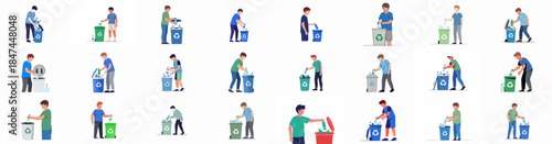 Young Men Recycling Plastic Bottles: Set of Flat Vector Illustrations Promoting Environmental Responsibility and Waste Sorting into Designated Bins.