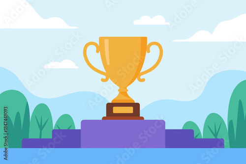 Golden trophy on a podium in a stylized landscape