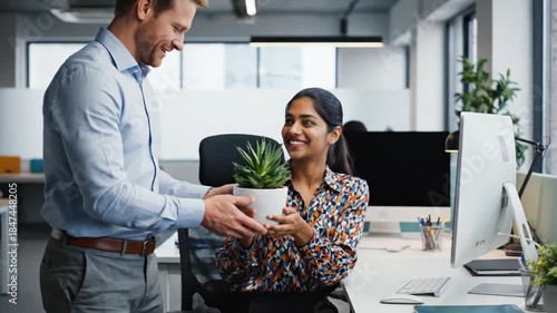 Thoughtful Colleague Gifts Plant to Coworker in Modern Office Setting.