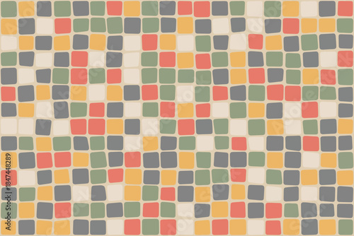 A mosaic of small, colorful squares creates a repeating geometric pattern.