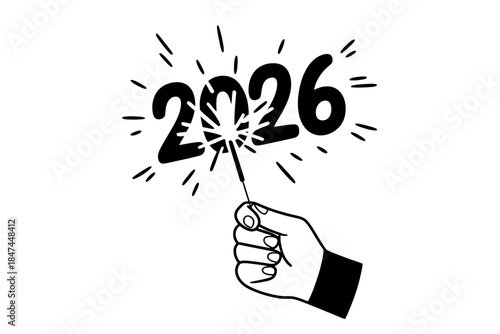 Hand holding a sparkler with the year 2026 illuminated