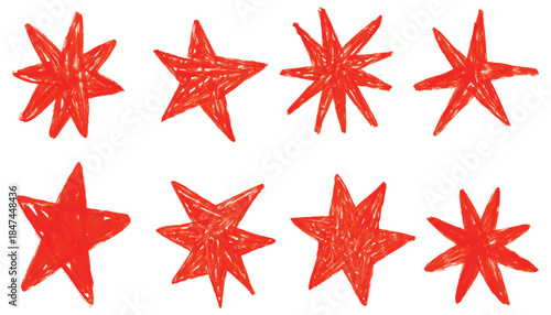 Collection of funky abstract shape elements. Graphic red stars among scribble doodles, color collage. Flat vector illustrations isolated on white background. Hand drawn crayon star. Brush red stars
