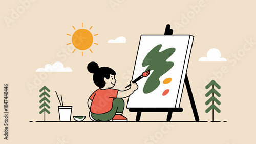 A child paints a picture on an easel outdoors on a sunny day.