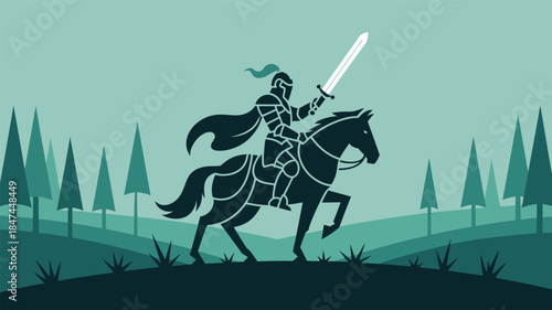 A medieval knight rides a horse with a sword raised high.