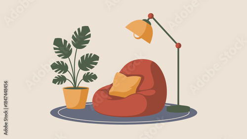 A cozy beanbag chair sits next to a potted plant and a floor lamp.