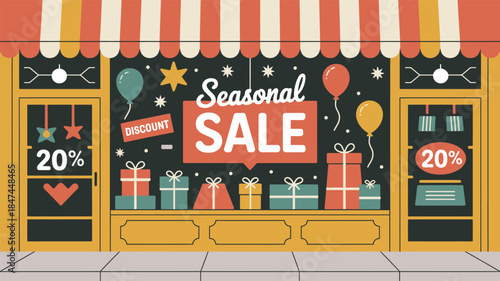 A storefront window displays a seasonal sale with gift boxes and balloons.