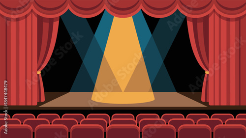 An empty theater stage is illuminated by spotlights with red curtains.