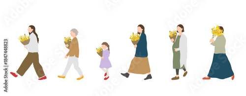 ミモザを抱えて歩く、世代の異なる日本人女性たちのイラスト