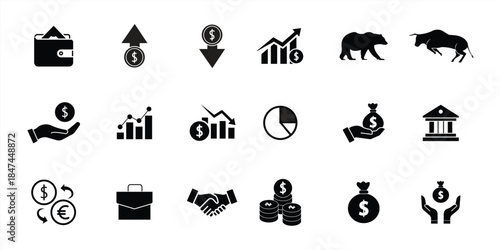 Stock market icon set. Contains stocks, stock exchanges, financial goals, investments, bull markets, bear markets, and more. Outline icon collection. Vector illustration. Editable outline.