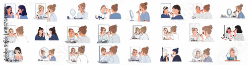 Vector set of diverse women applying makeup using brushes, powders, and lipstick in front of mirrors, illustrating daily beauty and personal care routine.