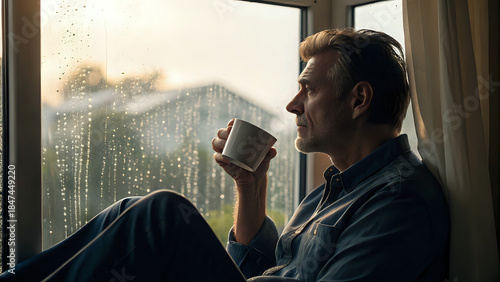 Middle-aged man drinking coffee by the window on a rainy morning, cinematic lighting, realistic skin texture