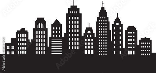 City silhouette with many buildings in black color on transparent vector backdrop
