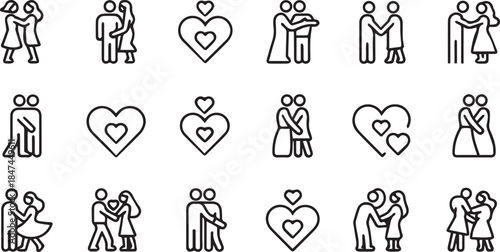 Timeless Romantic Couple Heart Minimal Outline Icons Black White
