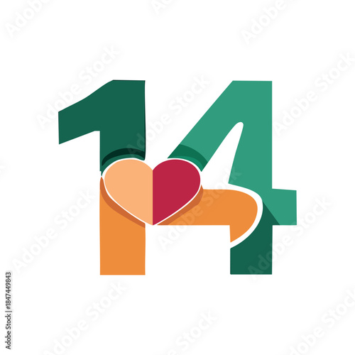 Adorable 14 Date HearValentine February 14 Heart Number Romance Icon