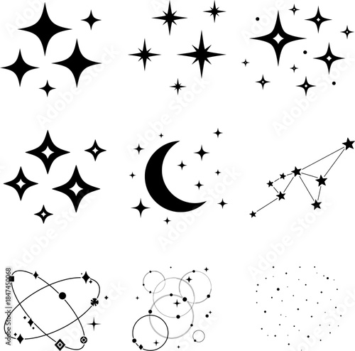 Sparkling stars and celestial constellation icons set in black and white