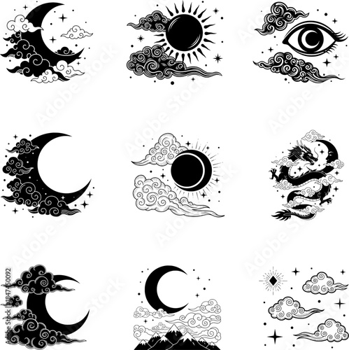Celestial moon and sun mystic icons set with oriental clouds and dragon