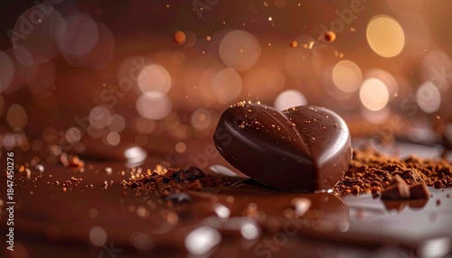 Rich heart-shaped chocolate with scattered cocoa powder and bokeh lights, perfect for romantic occasions and dessert lovers