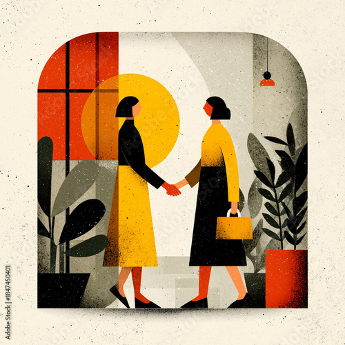 Two women shaking hands in a room with plants. Scene is friendly and professional