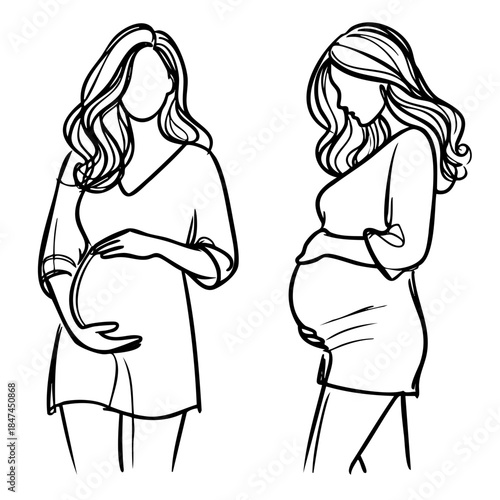 Two pregnant women are shown in a black and white drawing. One is holding her belly and the other is standing