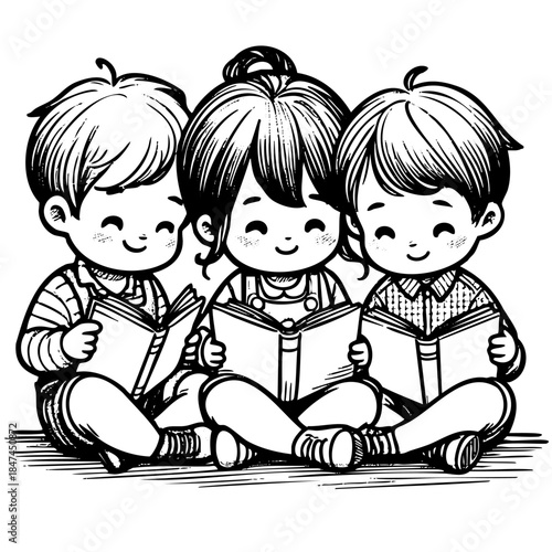 Three children are sitting together and reading books. They are smiling and seem to be enjoying their time