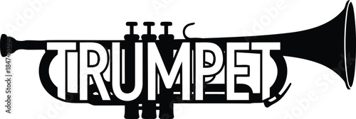 Black silhouette of a trumpet with the word trumpet integrated into its design