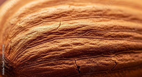 Extreme Close-Up of a Single Almond Nut Showing Detailed Wrinkled Skin Texture and Natural Brown Hues.