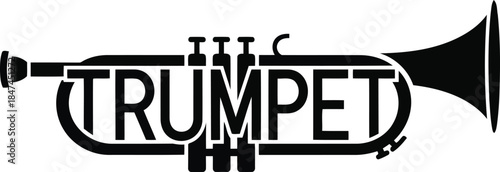 Black silhouette of a trumpet with the word trumpet integrated
