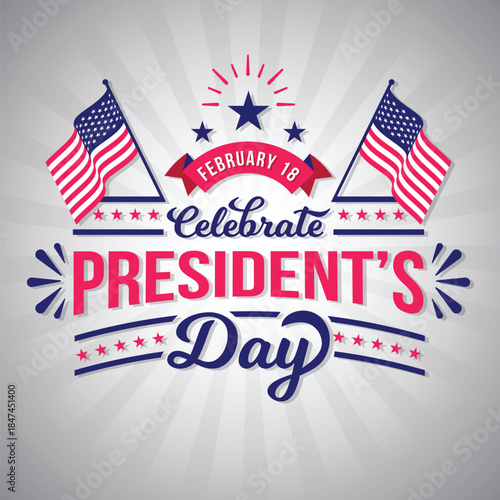 Festive Presidents Day typography design with stars and American flags. Ideal for banners, social posts, posters, and national holiday celebrations.