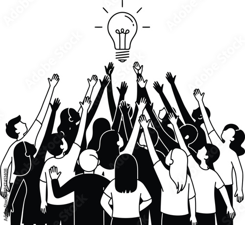 Crowd reaching for a lightbulb representing an idea