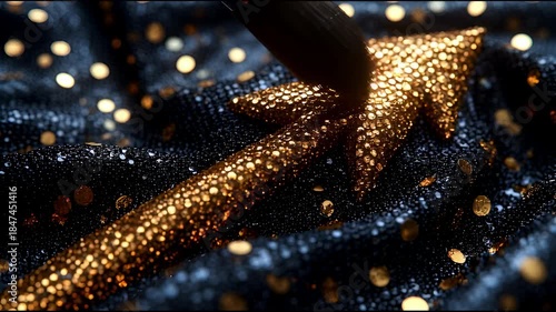 Golden Arrow Pointing Upwards Amidst Sparkling Dark Background.
