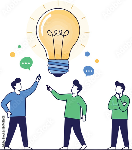 Three people discussing ideas under a glowing light bulb