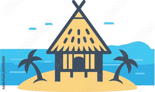 Illustration of tropical island hut with palm trees and ocean view vector illustration