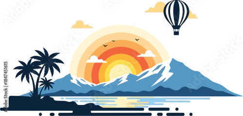 Illustration of tropical mountain sunrise landscape with hot air balloon and palm trees