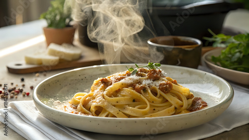 Realistic close-up of freshly cooked pasta on ceramic plate, natural restaurant lighting