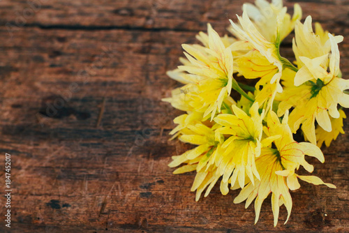 Beautiful yellow flowers arranged on an old wooden floor, rustic texture, open space for message.