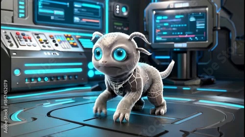 Adorable Alien Puppy in Futuristic Lab - A Glimpse into Interspecies Companionship and Advanced Technology.