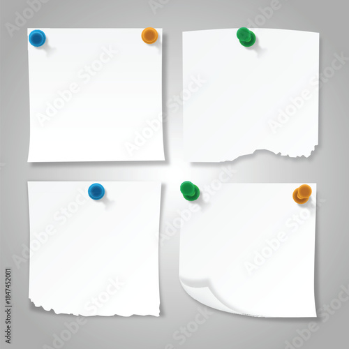 Clean flat illustration of blank paper notes pinned with colorful push pins. Ideal for mockups, message boards, reminders, office concepts, and presentation backgrounds.