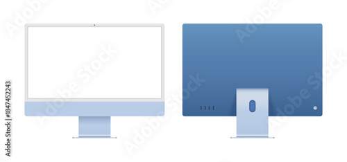 24 inch desktop computer front and back angle mockup template for advertisement and product showcase. Blue color pc device blank screen vector illustration