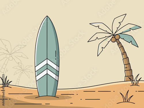 A minimalist illustration of a surfboard standing on a sandy beach with a palm tree and coconuts under a clear sky, depicting a tropical vacation scene.