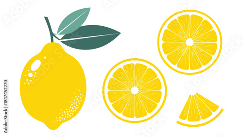Vibrant yellow lemons and slices with green leaves, a fresh citrus fruit illustration.