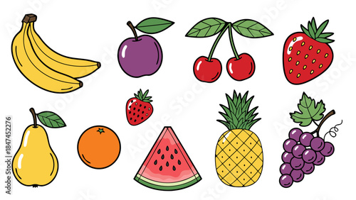A vibrant collection of cartoon-style fruits including bananas, plums, cherries, strawberries, pears, oranges, watermelon, pineapple, and grapes.